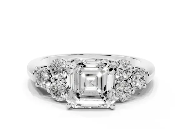 Asscher Cut Cut Diamond Cluster Ring with Round Accent Stones and Prong Setting on a Classic Band Platinum