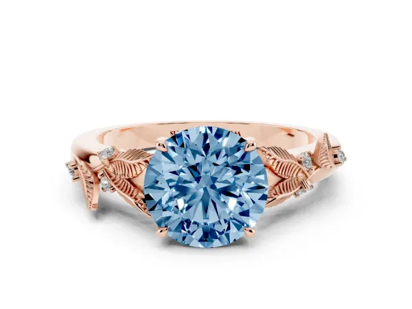 Fancy Blue Round Cut Diamond Solitaire Ring with Leaf Motif Band and Four-Prong Setting Rose gold