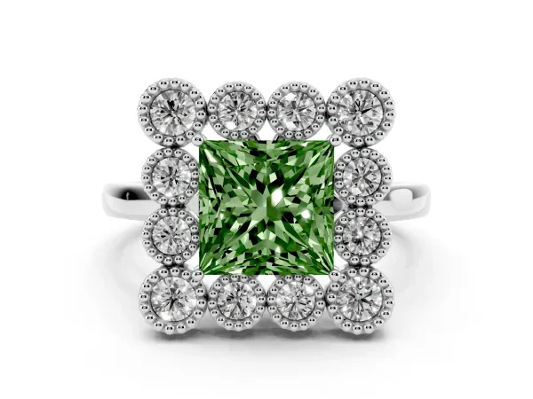 Fancy Green Princess Cut Halo Diamond Cluster Engagement Ring with Milgrain Bezel Setting and Solitaire Band Platinum