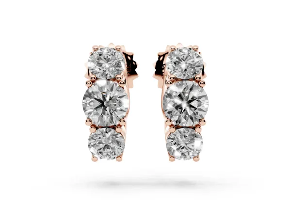 Round Diamond Prong Set Three-Stone White Gold Earrings Rose gold
