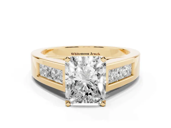 Radiant Cut Cut Channel Set Solitaire Ring with Four-Prong Setting Yellow gold
