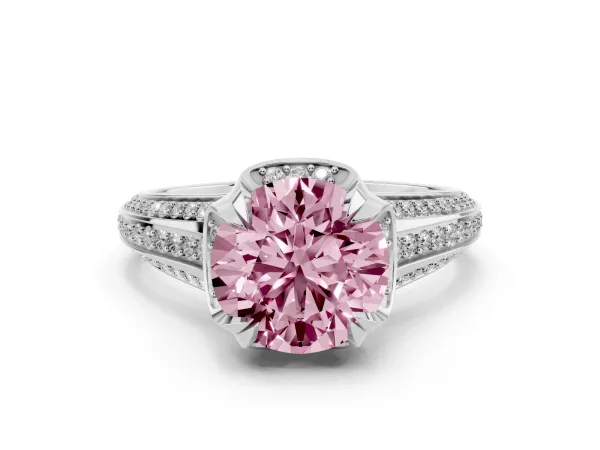 Fancy Pink Round Cut Solitaire Pave Split Shank Ring with Four-Prong Setting White gold