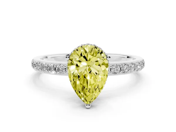 Fancy Yellow Pear Cut Diamond Solitaire Ring with Pavé Band and Hidden Halo Platinum