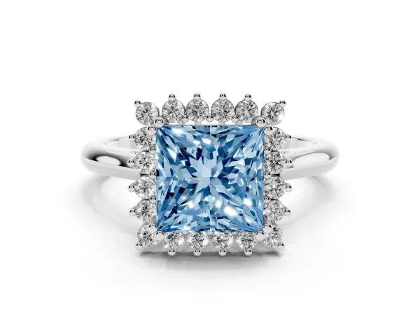 Fancy Blue Princess Cut Cut Diamond Halo Ring with Solitaire Band and Prong Setting White gold