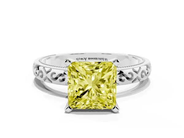Fancy Yellow Princess Cut Solitaire Engagement Ring with Scrollwork Band and Four-Prong Setting White gold