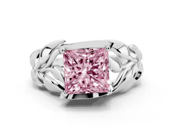 Fancy Pink Princess Cut Diamond Leaf-Inspired Engagement Ring with Round Accents and Prong Setting Platinum