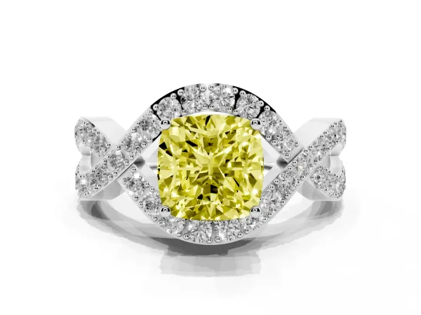 Fancy Yellow Cushion Cut Solitaire Twist Band Pavé Diamond Engagement Ring Platinum