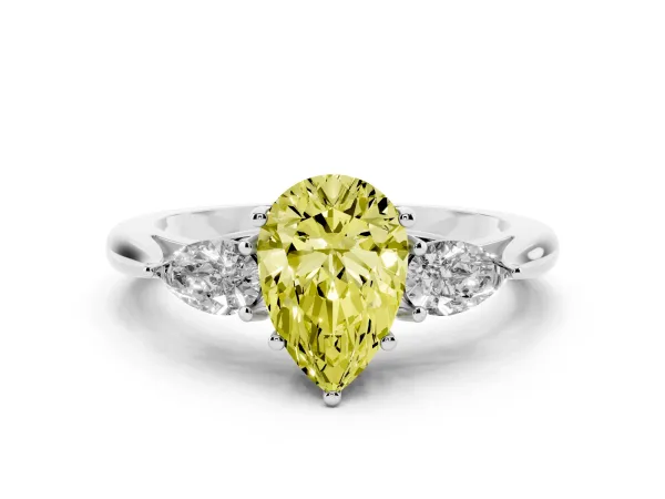 Fancy Yellow Pear Cut Diamond Three-Stone Ring with Pear Side Stones and Prong Setting White gold