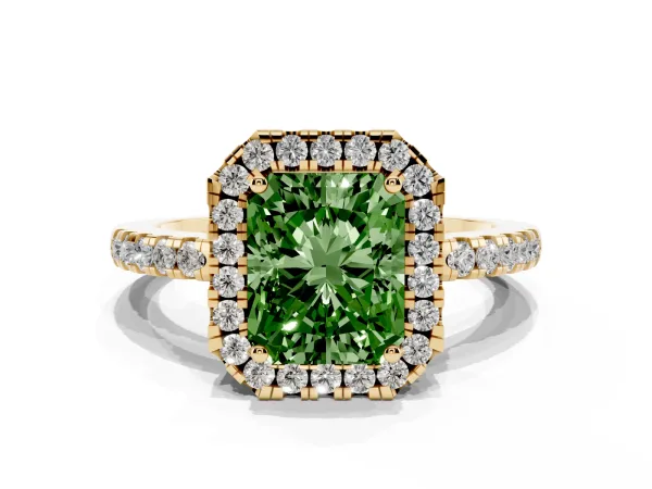 Fancy Green Radiant Cut Halo Diamond Engagement Ring with Pavé Band and Four-Prong Setting Yellow gold