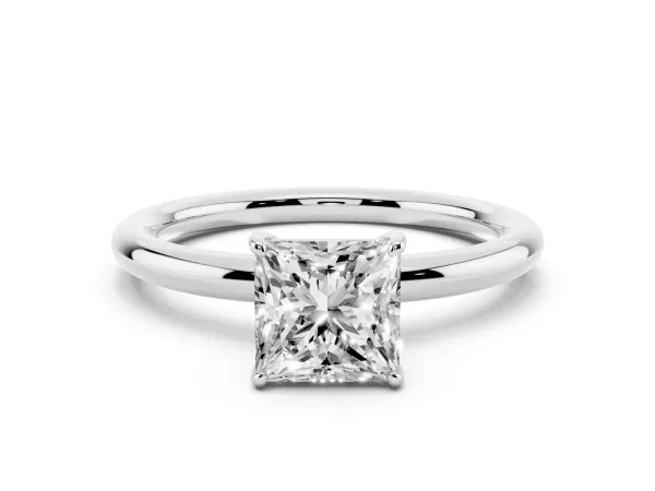 Princess Cut Solitaire Diamond Ring with Four-Prong Setting on a Plain Band Platinum