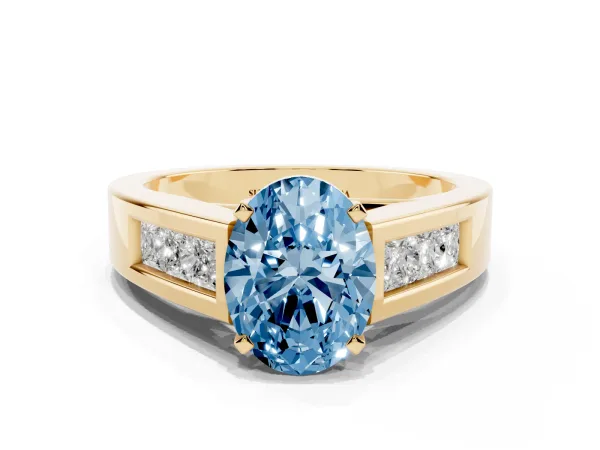Fancy Blue Oval Cut Cut Channel Set Solitaire Ring with Four-Prong Setting Yellow gold
