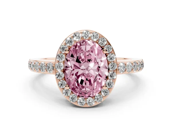 Fancy Pink Oval Cut Halo Diamond Pavé Band Ring with Prong Setting Rose gold