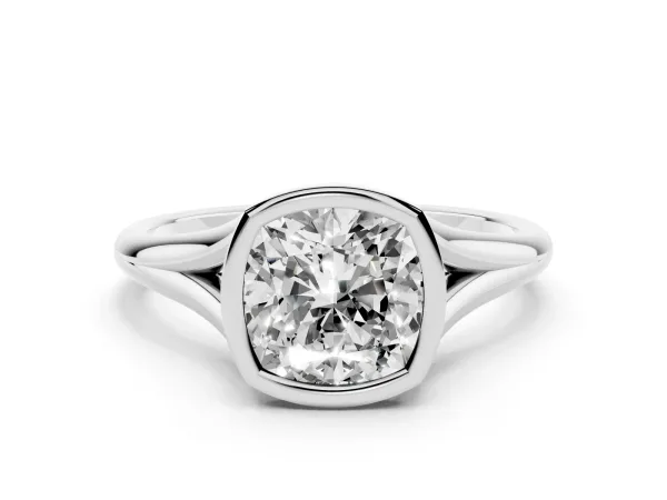 Bezel Set Cushion Cut Cut Solitaire Ring with Tapered Band Platinum