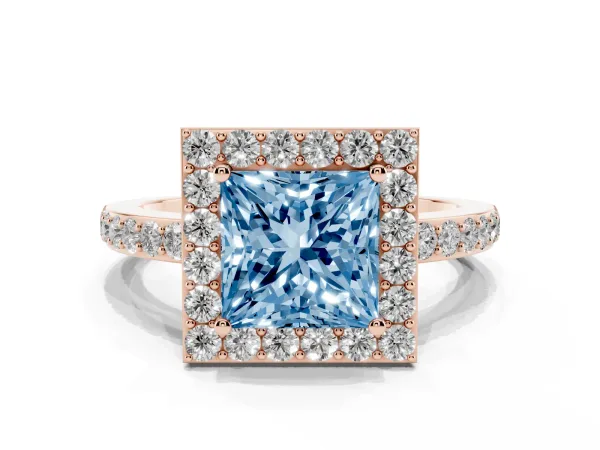 Fancy Blue Princess Cut Halo Diamond Pavé Band Ring with Prong Setting Rose gold