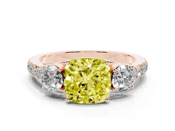 Fancy Yellow Cushion Cut Cut Diamond Three-Stone Ring with Round Side Stones and Pavé Band Rose gold