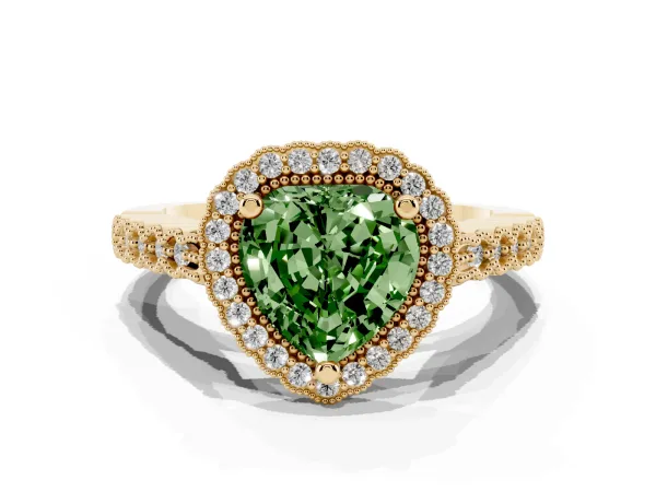 Fancy Green Heart Cut Cut Halo Pavé Solitaire Ring with Milgrain Band Yellow gold