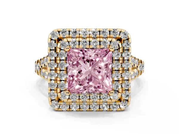 Fancy Pink Double Halo Princess Cut Diamond Pavé Split Shank Ring with Prong Setting Yellow gold