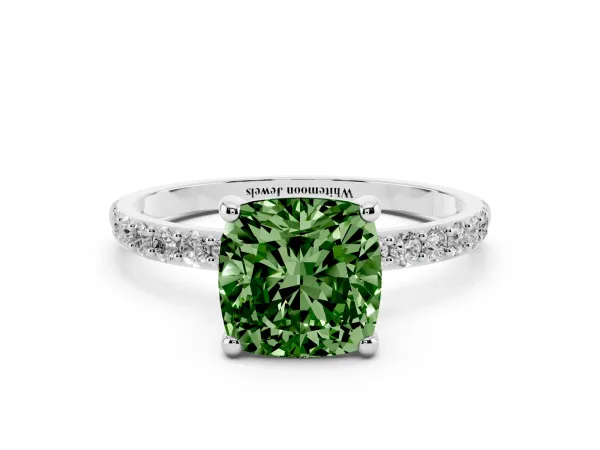 Fancy Green Cushion Cut Diamond Solitaire Ring with Round Pavé Band and Prong Setting Platinum