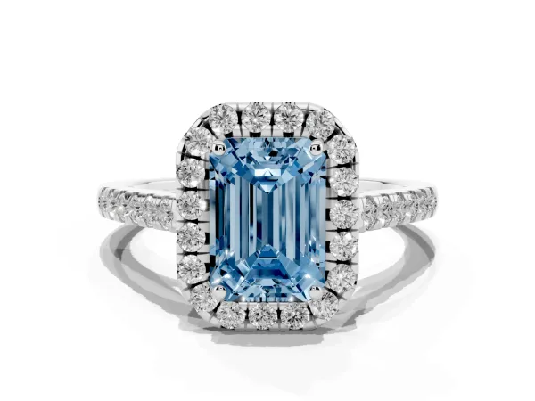 Fancy Blue Emerald Cut Halo Pave Diamond Engagement Ring with Four-Prong Setting Platinum