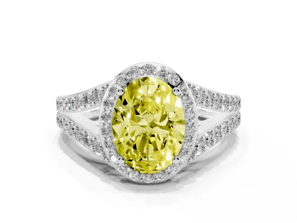 Fancy Yellow Oval Cut Diamond Split Shank Halo Ring with Four-Prong Setting White gold