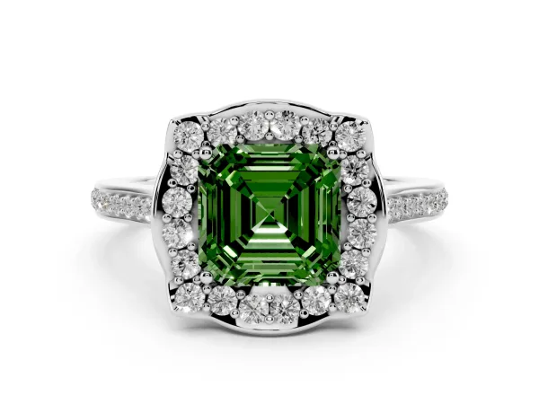 Fancy Green Asscher Cut Halo Round Diamond Pave Band with Four-Prong Setting Platinum