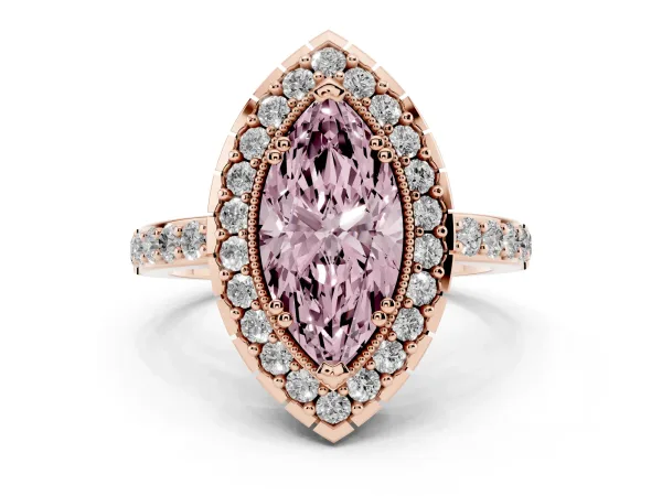 Fancy Pink Marquise Cut Diamond Halo Ring with Pavé Band and Prong Setting Rose gold