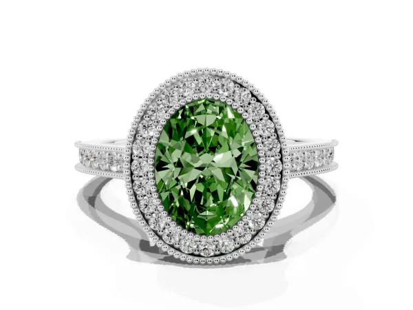Fancy Green Halo Oval Cut-Cut Diamond Pave Band Milgrain Prong Setting Ring Platinum