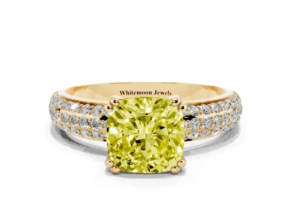 Fancy Yellow Cushion Cut Diamond Solitaire Ring with Multi-Row Round Pavé Band and Prong Setting Yellow gold