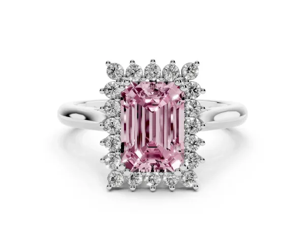 Fancy Pink Emerald Cut Cut Diamond Halo Ring with Solitaire Band and Prong Setting Platinum
