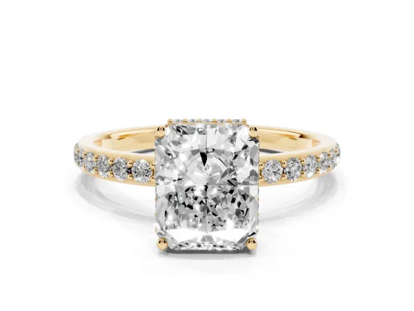 Radiant Cut Diamond Solitaire Ring with Pavé Band and Hidden Halo Yellow gold
