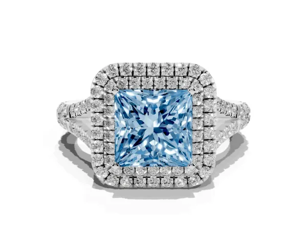 Fancy Blue Double Halo Princess Cut Diamond Split Shank Engagement Ring with Four-Prong Setting White gold