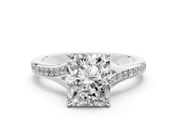 Radiant Cut Diamond Solitaire Ring with Pavé Band and Prong Setting Platinum