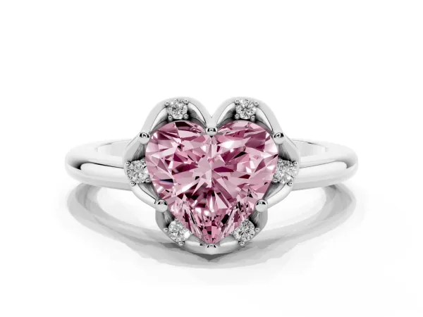 Fancy Pink Heart Cut Halo Diamond Ring with Round Cluster Setting, Solitaire Band, and Four-Prong Setting Platinum