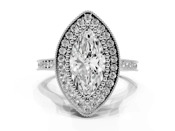 Marquise Cut Diamond Halo Ring with Milgrain Frame and Pavé Band White gold