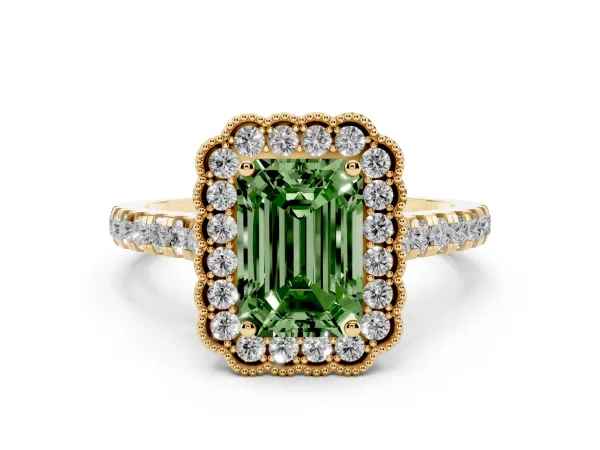 Fancy Green Emerald Cut Cut Diamond Milgrain Floral Halo Engagement Ring with Pavé Band Yellow gold