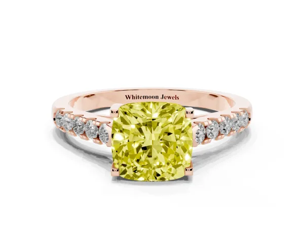 Fancy Yellow Cushion Cut Diamond Pavé Band Solitaire Ring with Prong Setting Rose gold