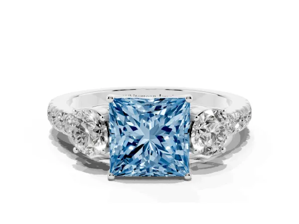 Fancy Blue Princess Cut Cut Diamond Three-Stone Ring with Round Side Stones and Pavé Band Platinum