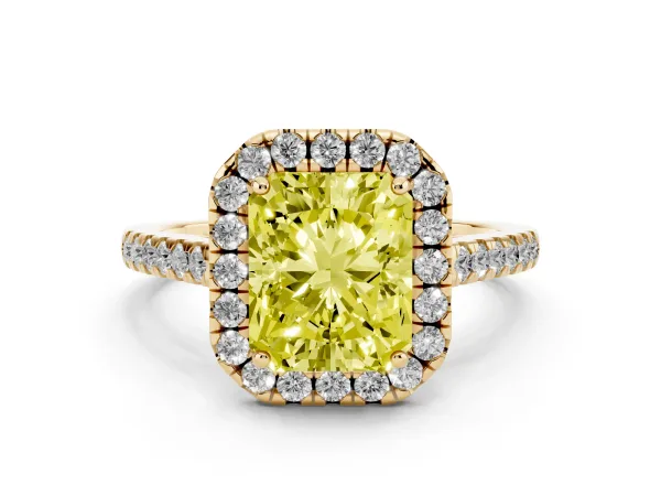Fancy Yellow Radiant Cut Halo Pavé Diamond Engagement Ring with Four-Prong Setting Yellow gold