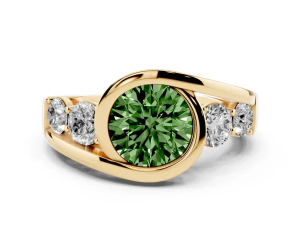 Fancy Green Bezel Set Round Cut Diamond Bypass Ring with Round Accents Yellow gold