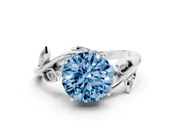 Fancy Blue Round Cut Solitaire Twist Engagement Ring with Leaf Accents and Prong Setting Platinum