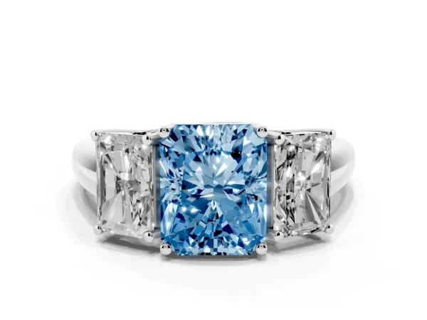 Fancy Blue Three-Stone Radiant Cut Diamond Engagement Ring with Prong Setting White gold