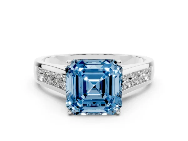 Fancy Blue Asscher Cut Solitaire Channel-Set Diamond Engagement Ring with Four-Prong Setting Platinum