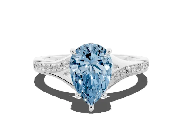 Fancy Blue Pear Cut Diamond Solitaire Ring with Pavé Band and Prong Setting White gold