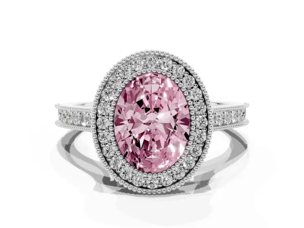 Fancy Pink Halo Oval Cut-Cut Diamond Pave Band Milgrain Prong Setting Ring Platinum