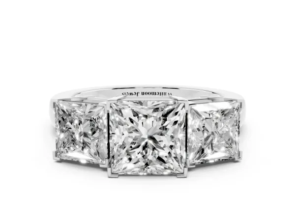 Three-Stone Princess Cut Cut Diamond Ring with Channel Set Band and Four-Prong Setting Platinum