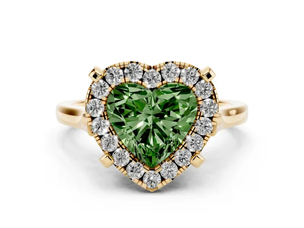 Fancy Green Heart Cut Diamond Cluster Halo Solitaire with Four-Prong Setting Yellow gold