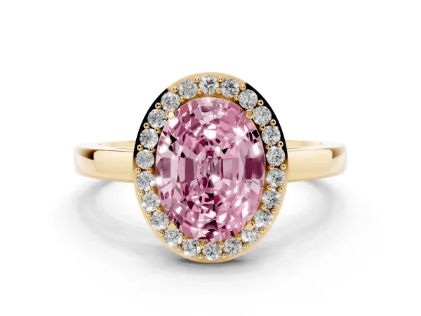 Fancy Pink Oval Cut Halo Diamond Ring with Solitaire Band and Prong Setting Yellow gold