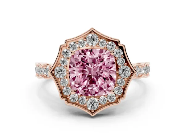 Fancy Pink Cushion Cut Halo Diamond Engagement Ring with Milgrain Band and Four-Prong Setting Rose gold