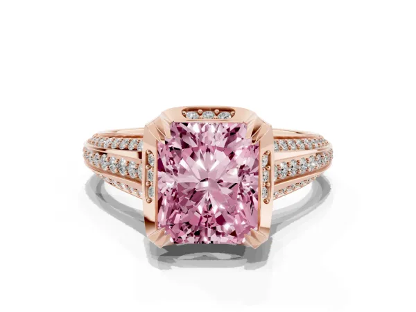 Fancy Pink Radiant Cut Solitaire Pave Split Shank Ring with Four-Prong Setting Rose gold