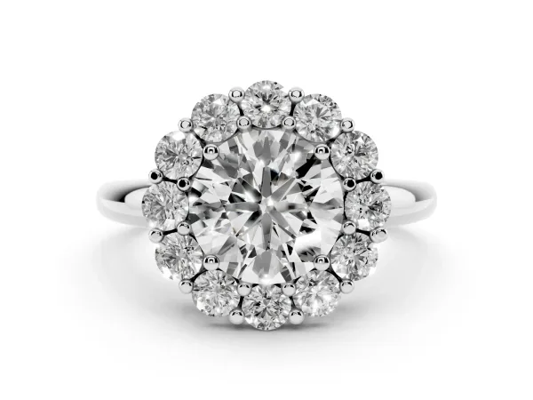 Round Cut Halo Cluster Diamond Engagement Ring with Prong Setting and Polished Band Platinum